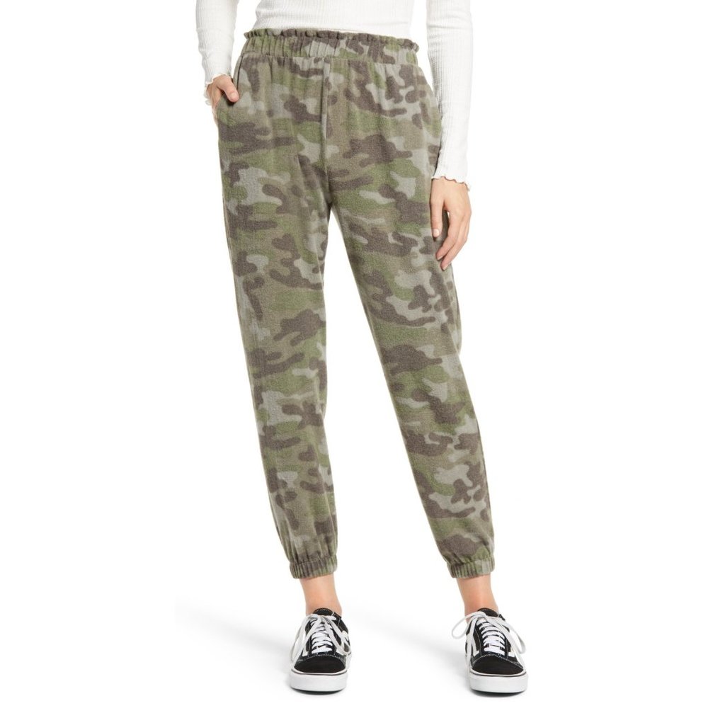 New La La Land Creative Co Camo Fleece Jogger Sweatpant Womens Medium Crop Green